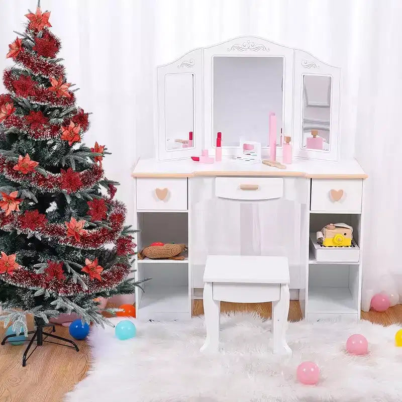 Kids Vanity Set with Mirror and Stool, Wooden Girls Makeup Playset, Princess Vanity Table for Kids, Toddlers, White