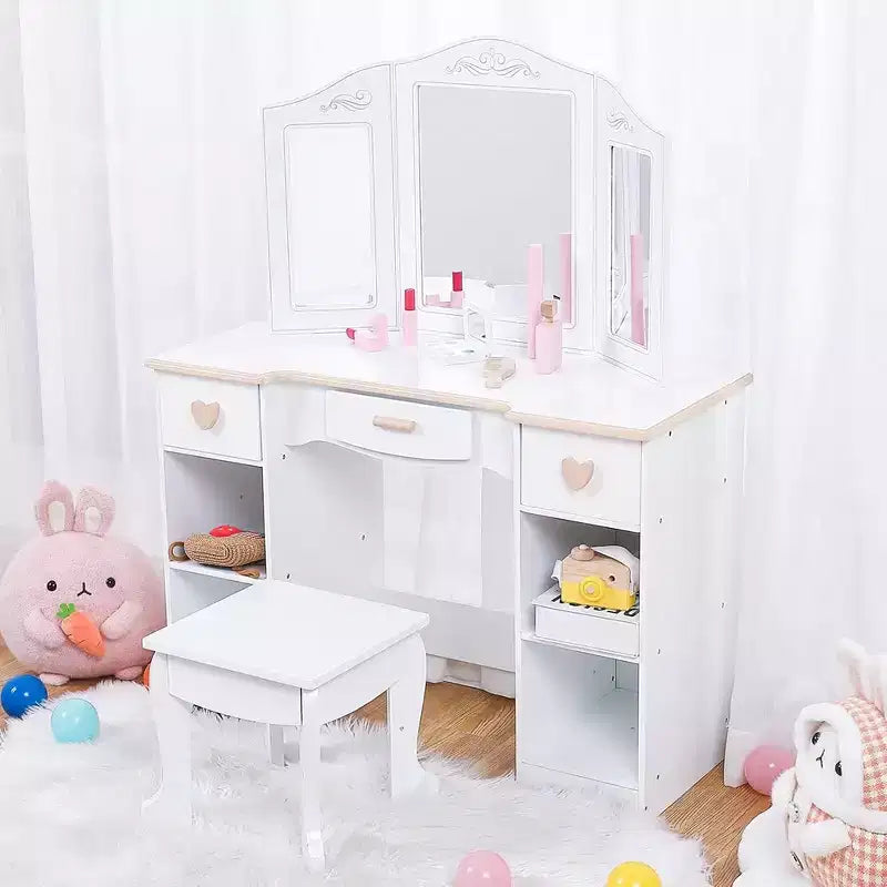 Kids Vanity Set with Mirror and Stool, Wooden Girls Makeup Playset, Princess Vanity Table for Kids, Toddlers, White