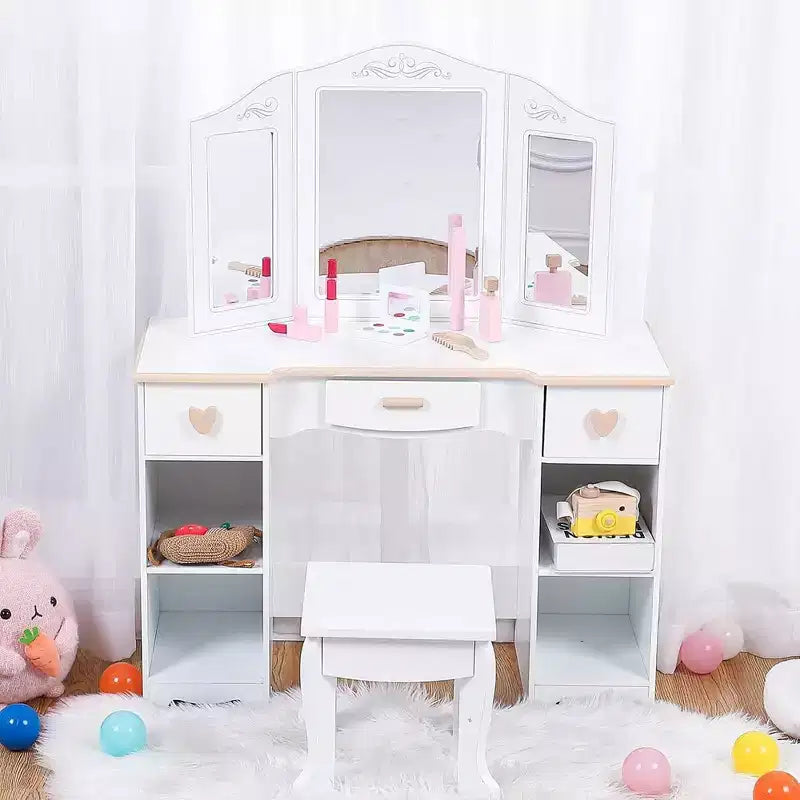 Kids Vanity Set with Mirror and Stool, Wooden Girls Makeup Playset, Princess Vanity Table for Kids, Toddlers, White