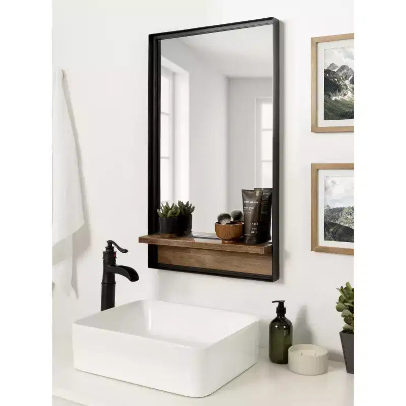 Kate and Laurel Owing Rectangle Mirror with Shelf, 20x34, Rustic Brown