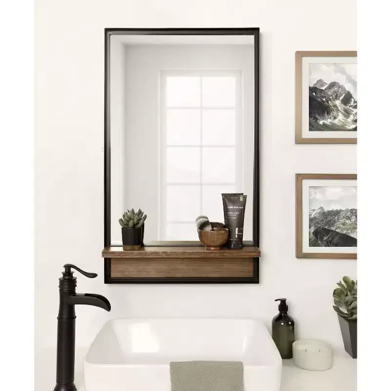 Kate and Laurel Owing Rectangle Mirror with Shelf, 20x34, Rustic Brown