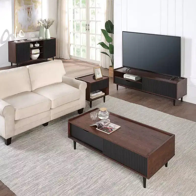 Duane Ribbed Coffee Table with Drawer and Shelf - Manhattan Comfort