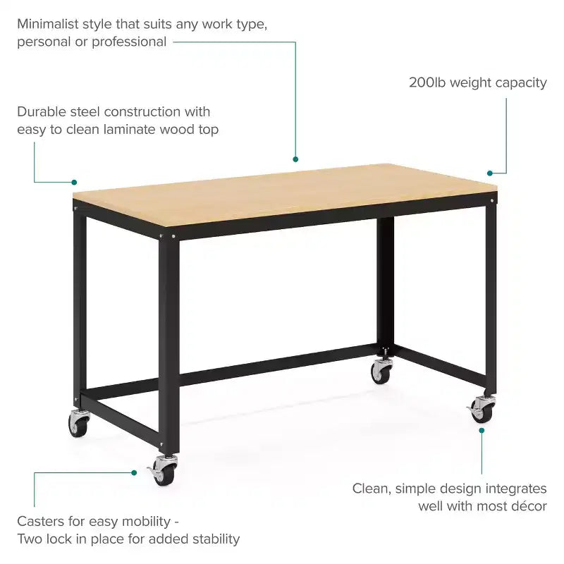 48" Wide Mobile Metal Desk for Home Office with Maple Top - Space Solutions