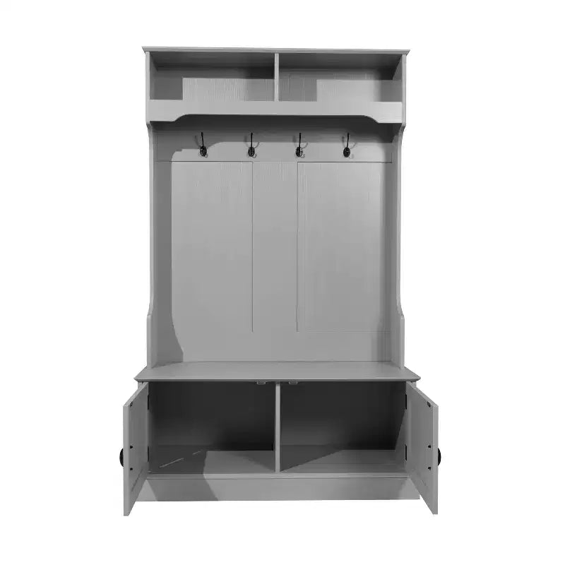 Merrick Lane Hallway Tree with Bench Seating, 4 Double Coat Hooks, Upper Storage and Double Door Under Bench Storage