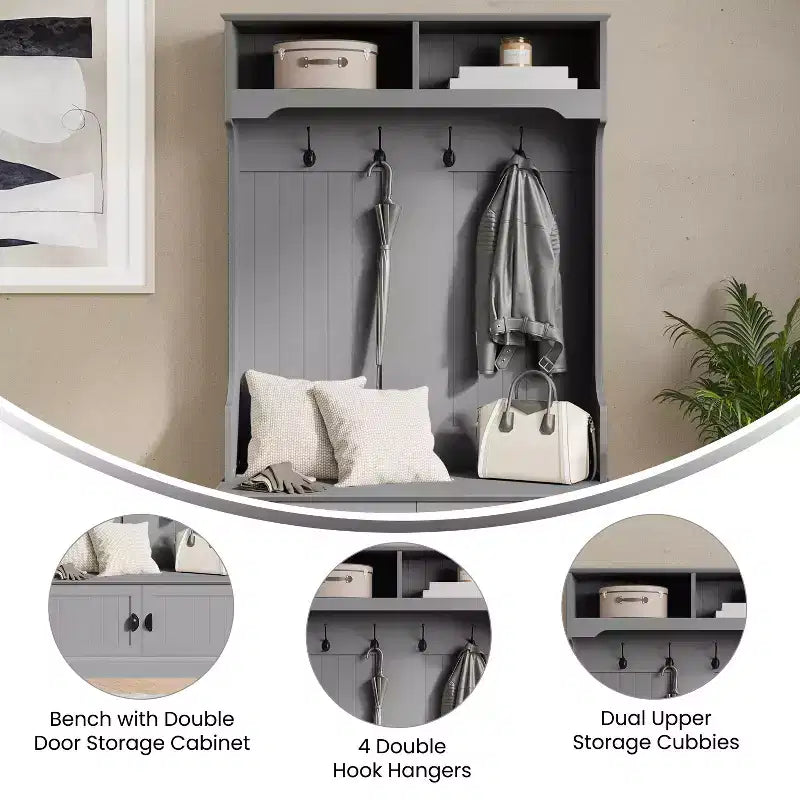 Merrick Lane Hallway Tree with Bench Seating, 4 Double Coat Hooks, Upper Storage and Double Door Under Bench Storage