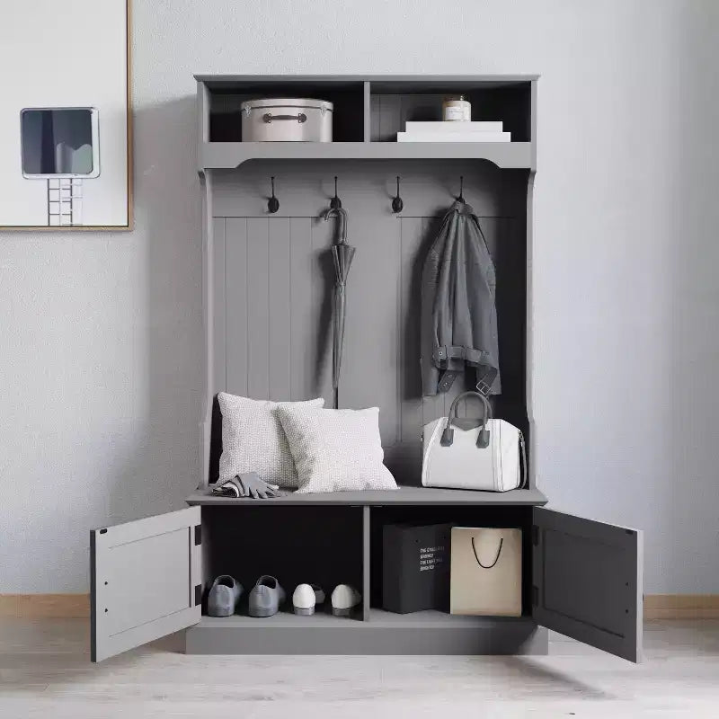 Merrick Lane Hallway Tree with Bench Seating, 4 Double Coat Hooks, Upper Storage and Double Door Under Bench Storage