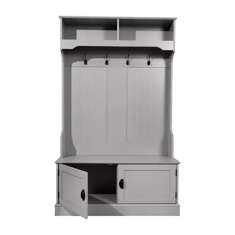 Merrick Lane Hallway Tree with Bench Seating, 4 Double Coat Hooks, Upper Storage and Double Door Under Bench Storage