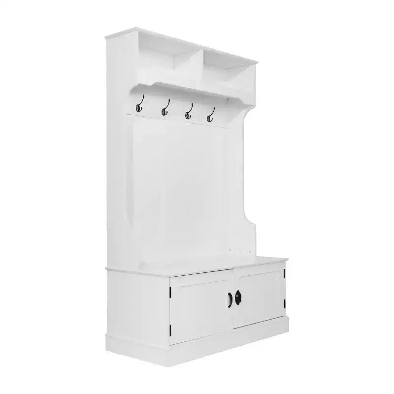 Merrick Lane Hallway Tree with Bench Seating, 4 Double Coat Hooks, Upper Storage and Double Door Under Bench Storage