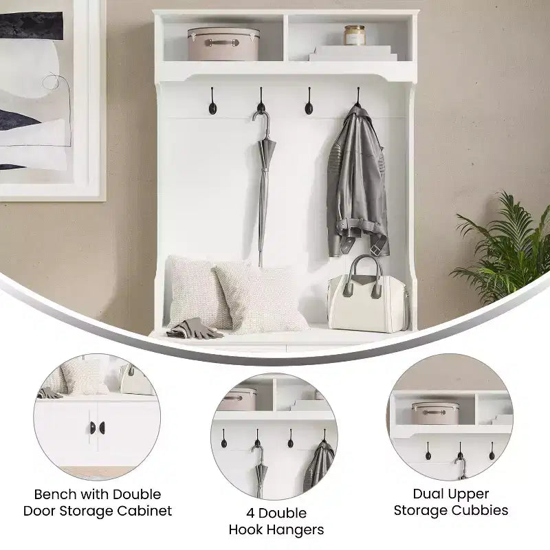 Merrick Lane Hallway Tree with Bench Seating, 4 Double Coat Hooks, Upper Storage and Double Door Under Bench Storage