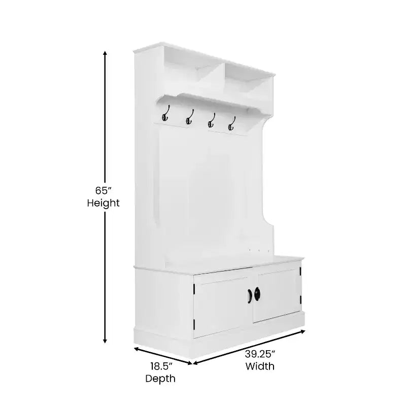Merrick Lane Hallway Tree with Bench Seating, 4 Double Coat Hooks, Upper Storage and Double Door Under Bench Storage