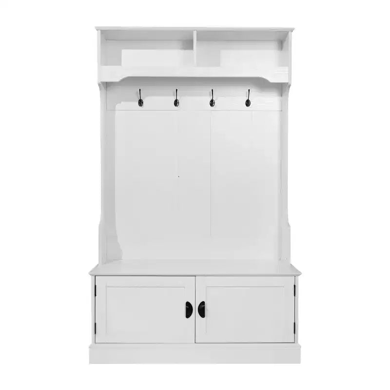Merrick Lane Hallway Tree with Bench Seating, 4 Double Coat Hooks, Upper Storage and Double Door Under Bench Storage