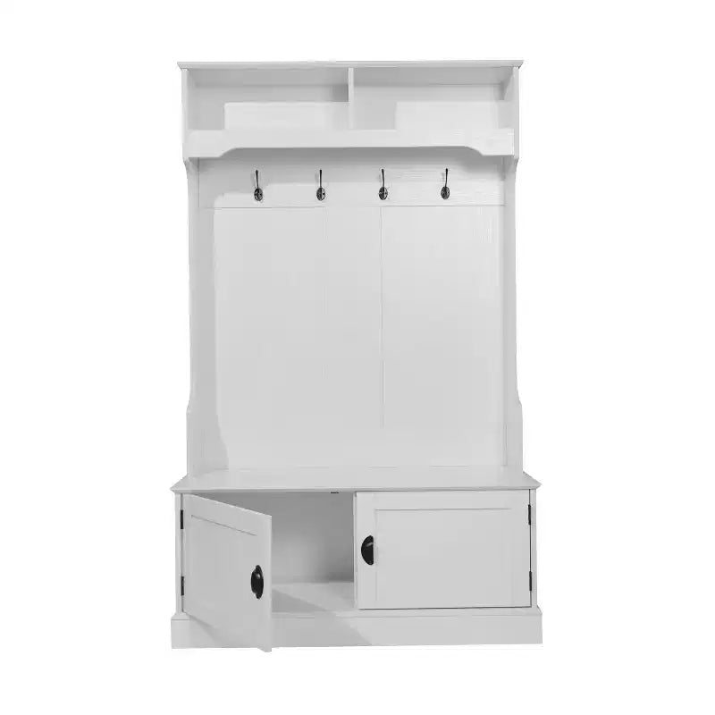 Merrick Lane Hallway Tree with Bench Seating, 4 Double Coat Hooks, Upper Storage and Double Door Under Bench Storage