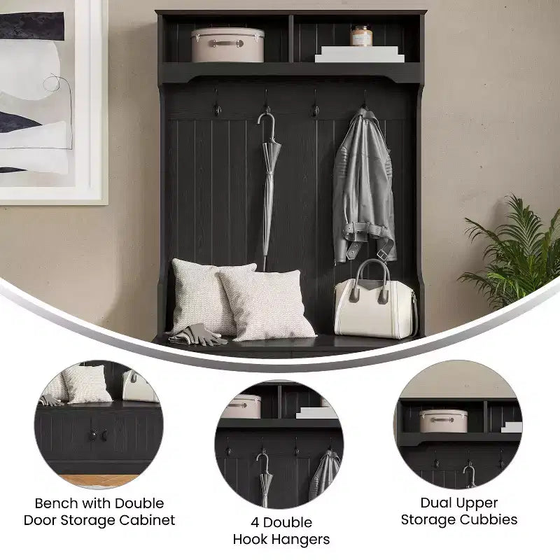 Merrick Lane Hallway Tree with Bench Seating, 4 Double Coat Hooks, Upper Storage and Double Door Under Bench Storage