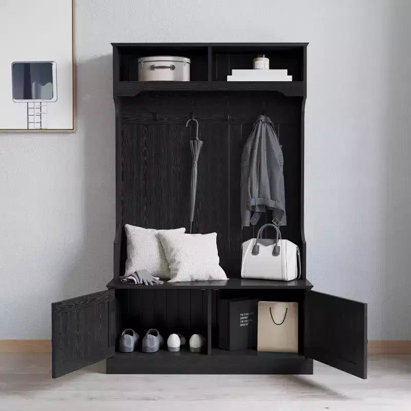 Merrick Lane Hallway Tree with Bench Seating, 4 Double Coat Hooks, Upper Storage and Double Door Under Bench Storage