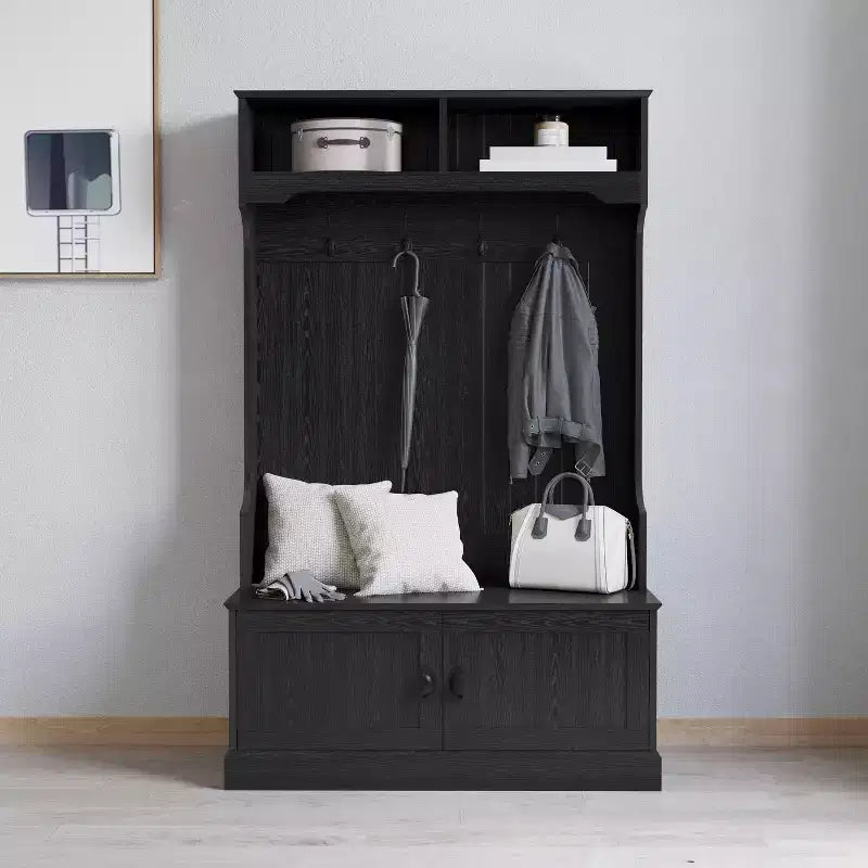 Merrick Lane Hallway Tree with Bench Seating, 4 Double Coat Hooks, Upper Storage and Double Door Under Bench Storage