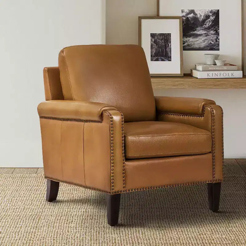 Hellmuth Genuine Leather Armchair with Removable Cushion and Nailhead Trims | HULALA HOME