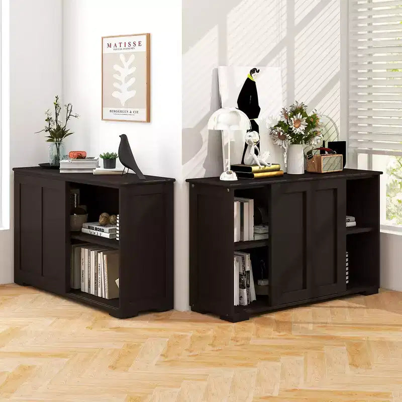 Costway Stackable Buffet Sideboard Set of 2 with Sliding Doors & Adjustable Shelf Brown/Black/Grey/Antique White