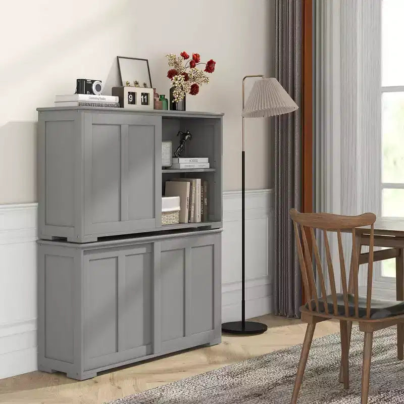 Costway Stackable Buffet Sideboard Set of 2 with Sliding Doors & Adjustable Shelf Brown/Black/Grey/Antique White