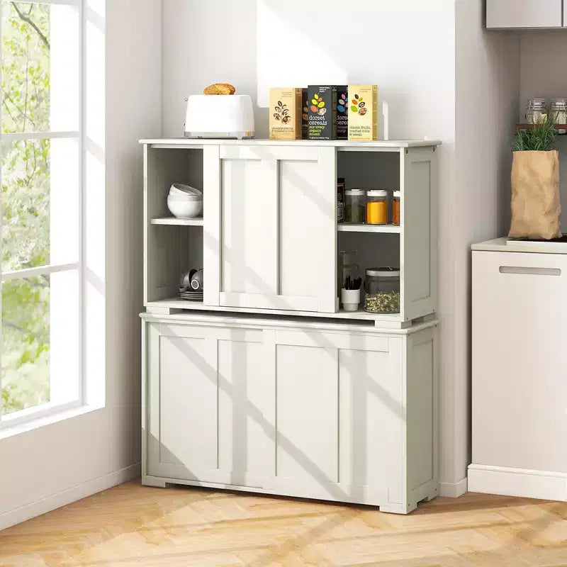Costway Stackable Buffet Sideboard Set of 2 with Sliding Doors & Adjustable Shelf Brown/Black/Grey/Antique White