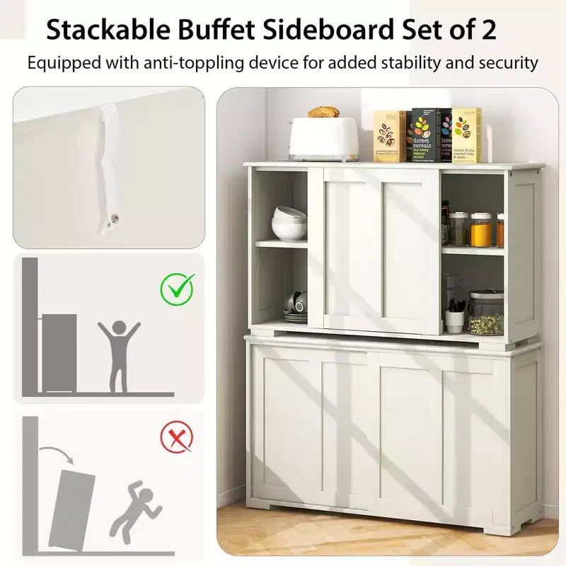 Costway Stackable Buffet Sideboard Set of 2 with Sliding Doors & Adjustable Shelf Brown/Black/Grey/Antique White