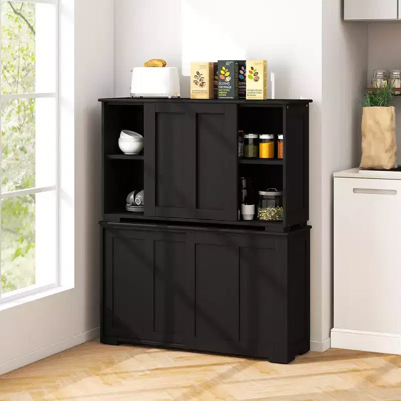 Costway Stackable Buffet Sideboard Set of 2 with Sliding Doors & Adjustable Shelf Brown/Black/Grey/Antique White