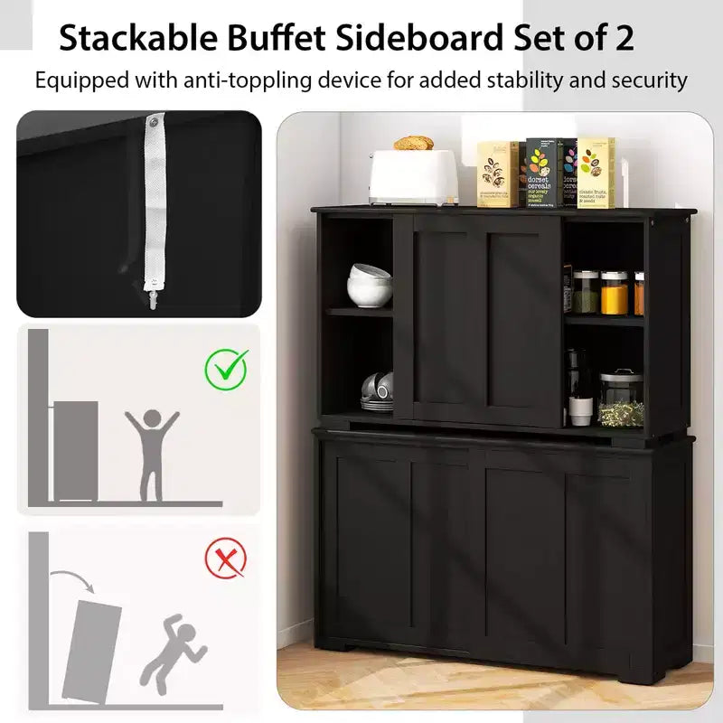 Costway Stackable Buffet Sideboard Set of 2 with Sliding Doors & Adjustable Shelf Brown/Black/Grey/Antique White