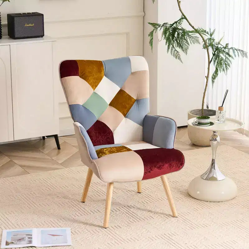 FERPIT Patchwork Upholstered Wingback Accent Chair with Rubberwood Legs
