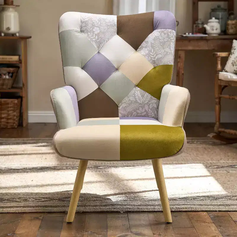 FERPIT Patchwork Upholstered Wingback Accent Chair with Rubberwood Legs