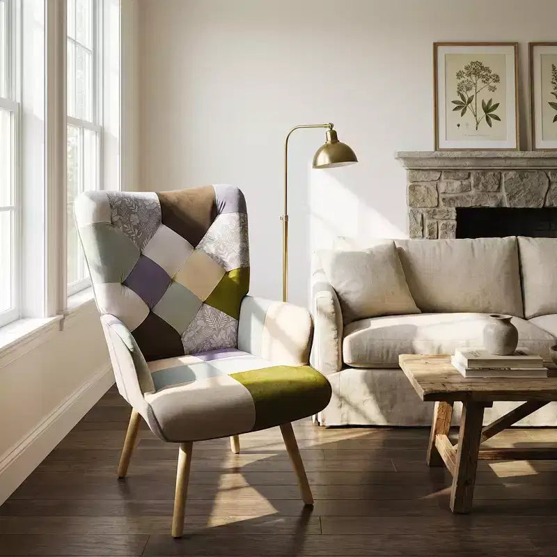 FERPIT Patchwork Upholstered Wingback Accent Chair with Rubberwood Legs