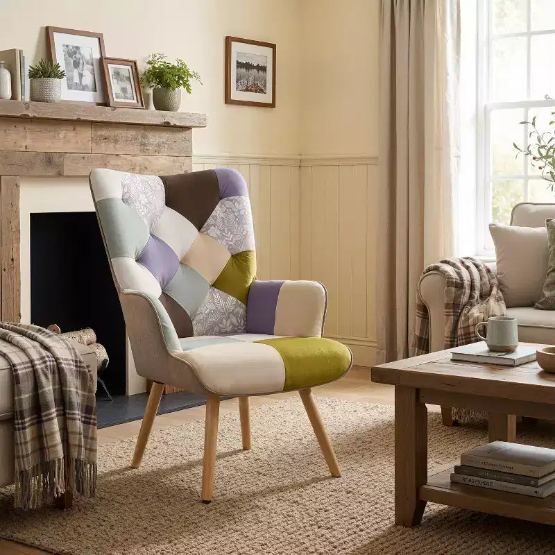 FERPIT Patchwork Upholstered Wingback Accent Chair with Rubberwood Legs