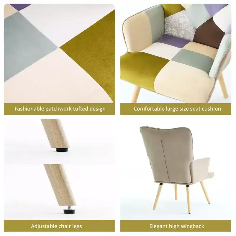 FERPIT Patchwork Upholstered Wingback Accent Chair with Rubberwood Legs