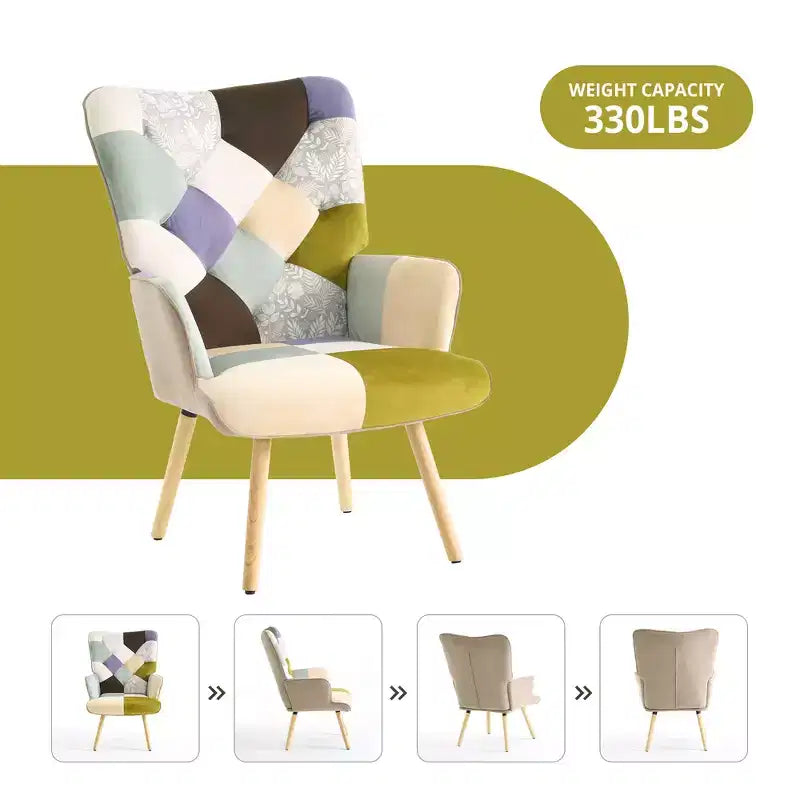 FERPIT Patchwork Upholstered Wingback Accent Chair with Rubberwood Legs