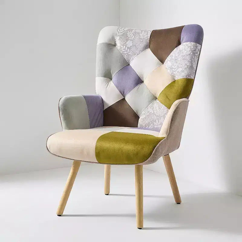 FERPIT Patchwork Upholstered Wingback Accent Chair with Rubberwood Legs