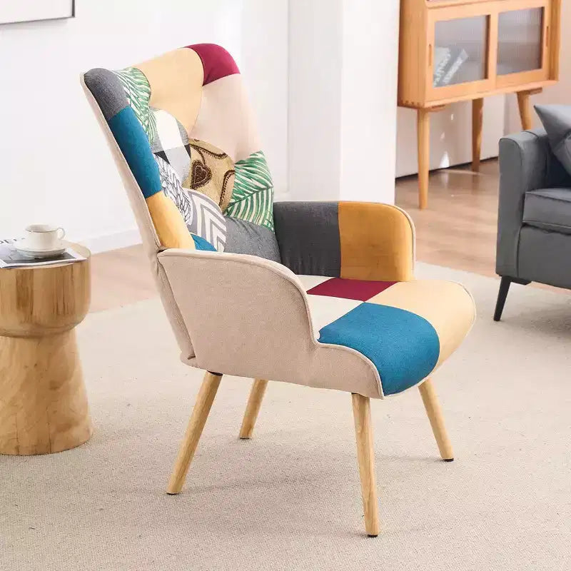 FERPIT Patchwork Upholstered Wingback Accent Chair with Rubberwood Legs
