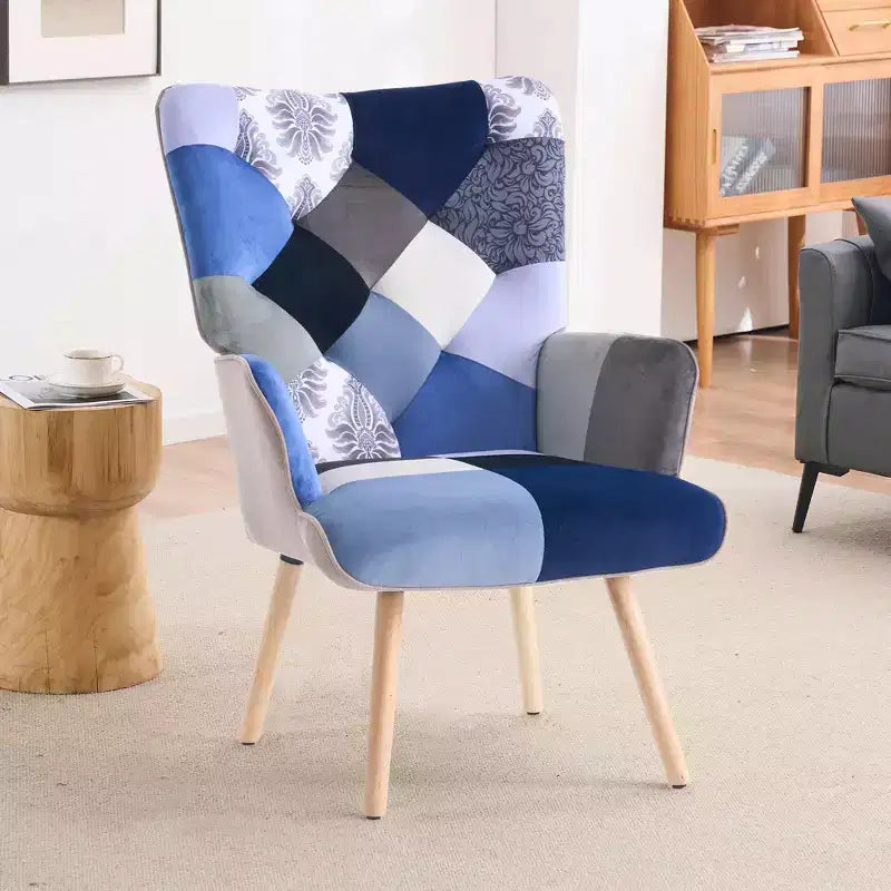 FERPIT Patchwork Upholstered Wingback Accent Chair with Rubberwood Legs