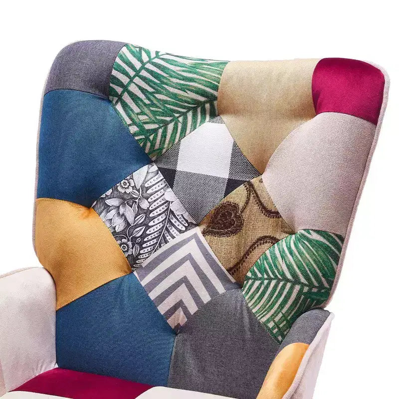 FERPIT Patchwork Upholstered Wingback Accent Chair with Rubberwood Legs