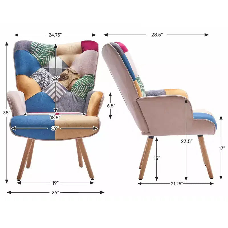 FERPIT Patchwork Upholstered Wingback Accent Chair with Rubberwood Legs