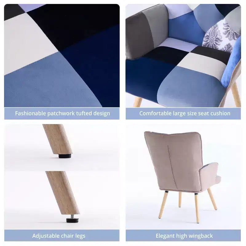 FERPIT Patchwork Upholstered Wingback Accent Chair with Rubberwood Legs