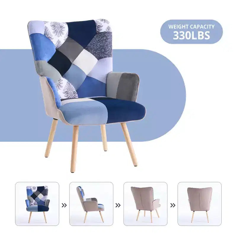 FERPIT Patchwork Upholstered Wingback Accent Chair with Rubberwood Legs