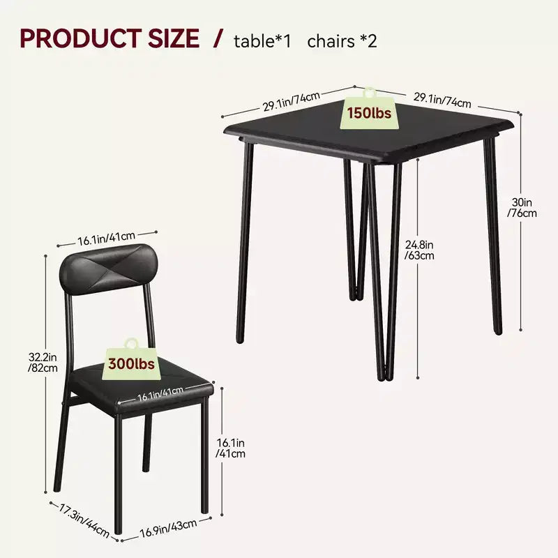 Whizmax Small Dining Table Set for 2, 3 Piece Kitchen Bar Dinette Square, with PU Upholstered Chairs