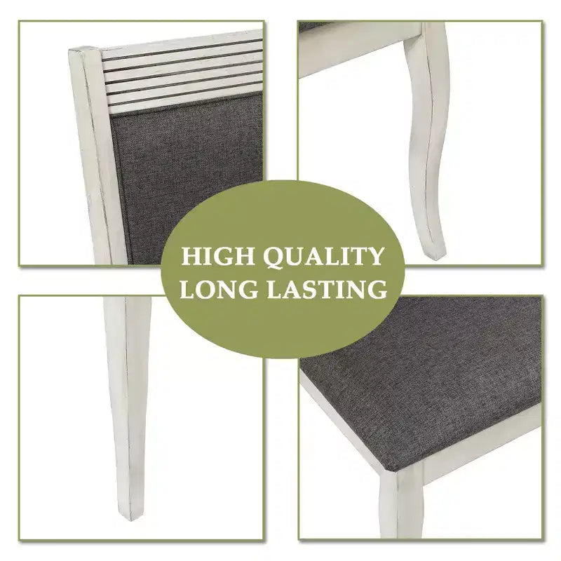 LuxenHome Set of 2 Distressed Off White Rubberwood and Gray Upholstered Dining Chair