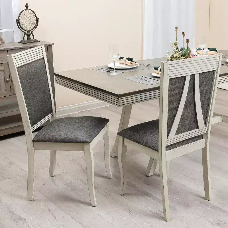 LuxenHome Set of 2 Distressed Off White Rubberwood and Gray Upholstered Dining Chair