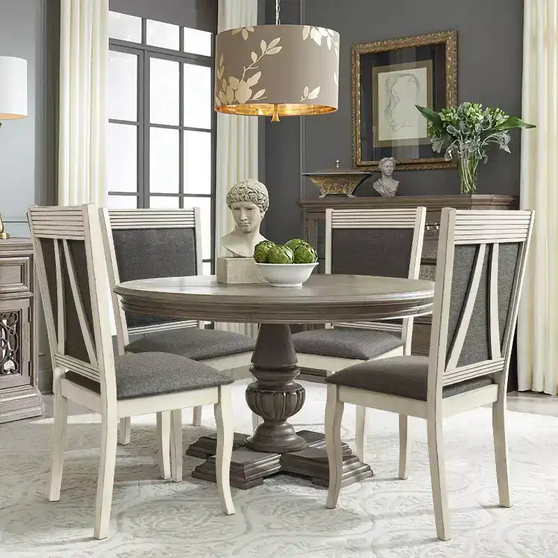 LuxenHome Set of 2 Distressed Off White Rubberwood and Gray Upholstered Dining Chair