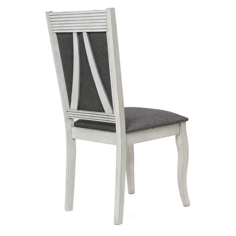 LuxenHome Set of 2 Distressed Off White Rubberwood and Gray Upholstered Dining Chair