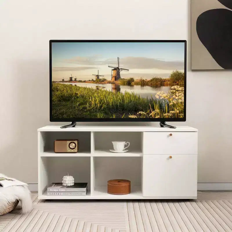Costway Storage Cabinet with 2 Drawers 4 Cubes Adjustable Feet Floor Display Cabinet White