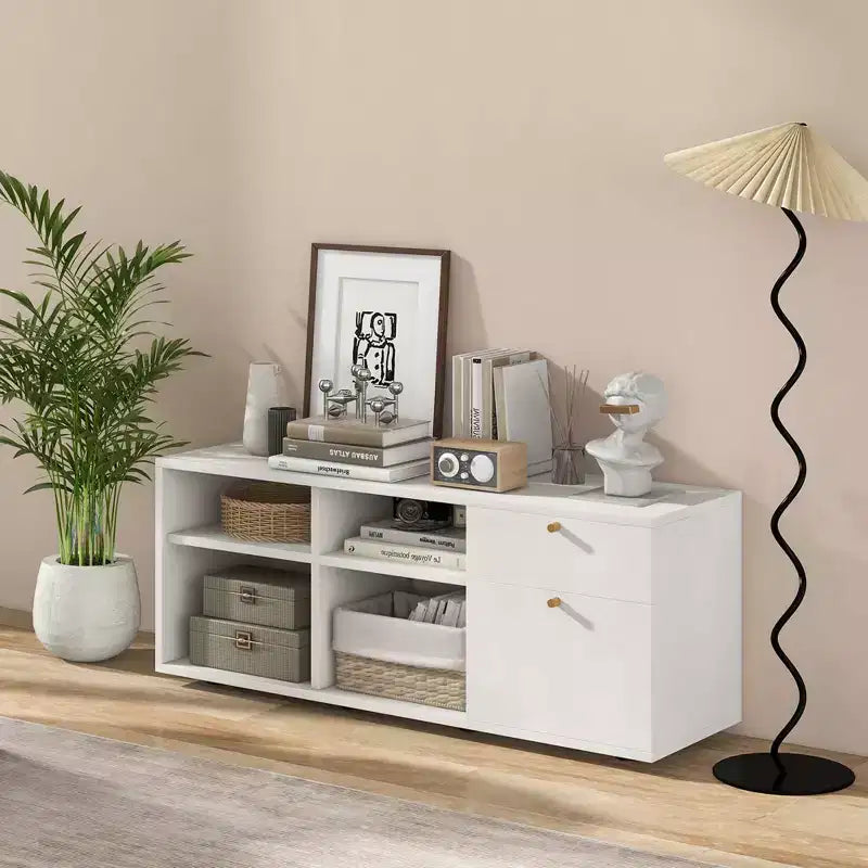 Costway Storage Cabinet with 2 Drawers 4 Cubes Adjustable Feet Floor Display Cabinet White