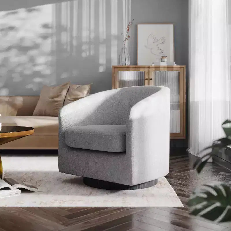 Emma and Oliver Upholstered Club Style Barrel Accent Chair with 360 Degree Swivel Vinyl Wrapped Base and Sloped Armrests