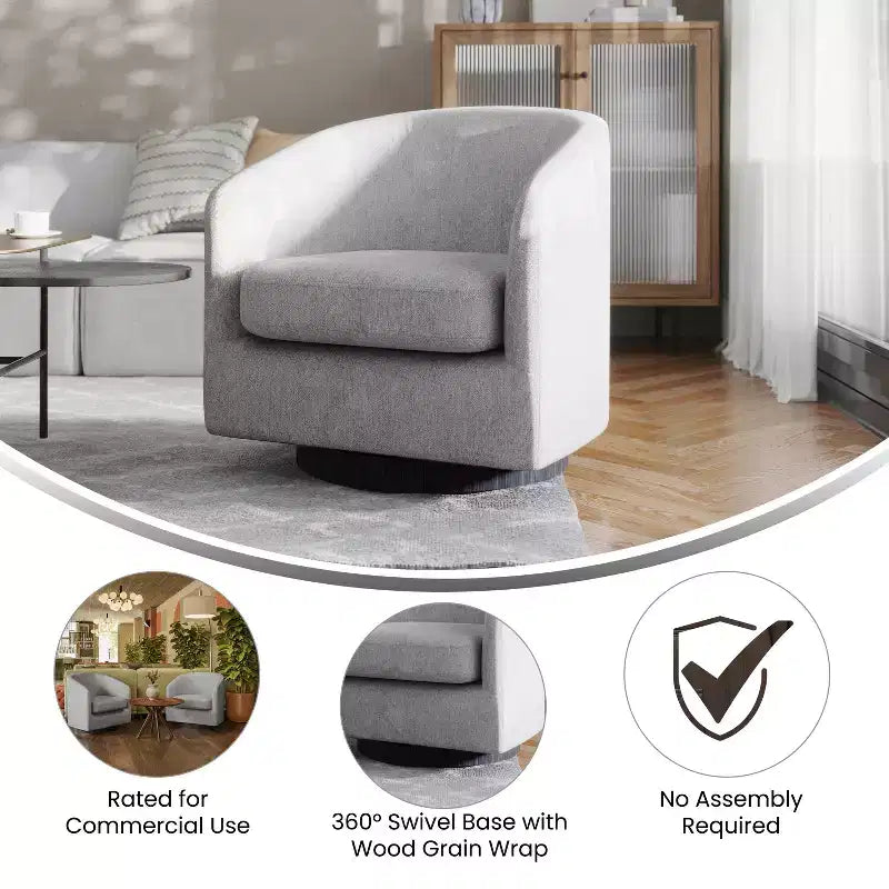 Emma and Oliver Upholstered Club Style Barrel Accent Chair with 360 Degree Swivel Vinyl Wrapped Base and Sloped Armrests