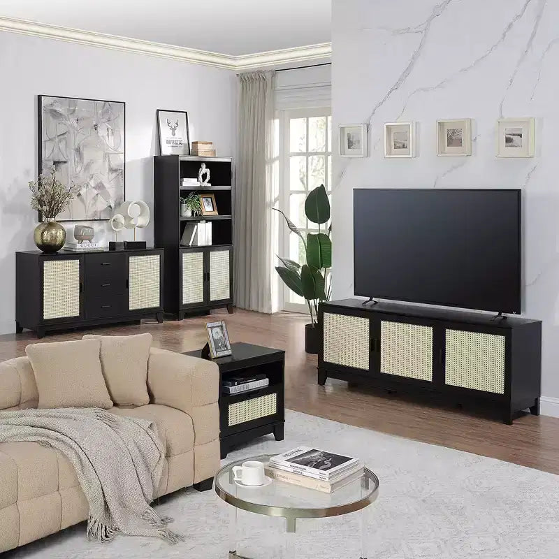Sheridan Modern 6 Shelf Cane TV Stand for TVs up to 55" - Manhattan Comfort