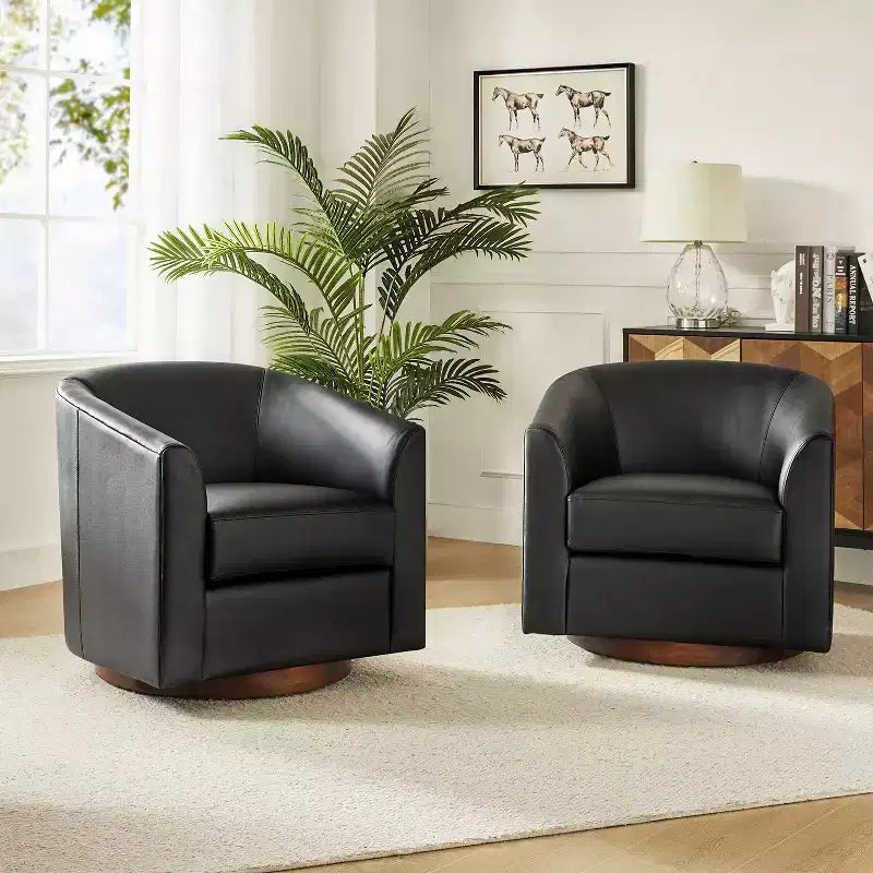 Set of 2 Jessie 30.5 Wide Modern Swivel Barrel Faux Leather Chair with Solid Wood Base|ART OF LIVING DESIGNS